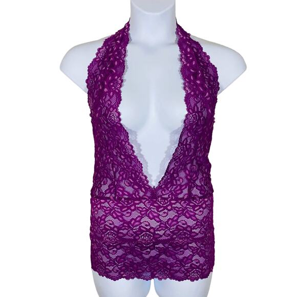 Fredericks of Hollywood Purple Lace Deep V Plunge Halter Top Sz M - Picture 1 of 8